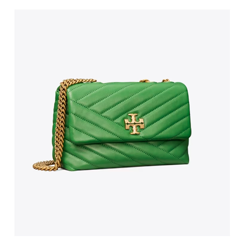 Kira Chevron Small shoulder bag in basil green leather