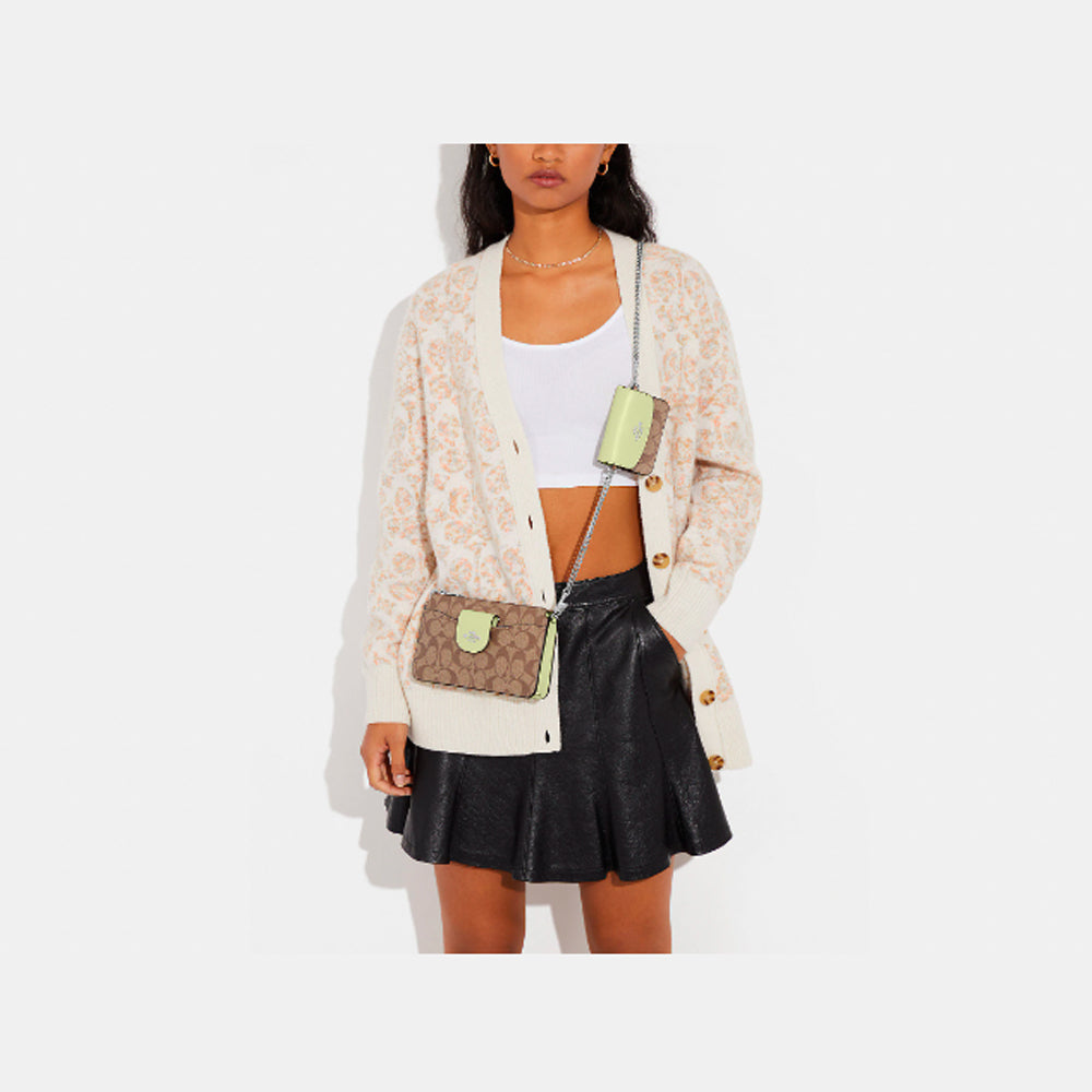 Coach- Poppy Crossbody With Card Case In Signature Canvas (Silver/Khaki/Pale Lime)