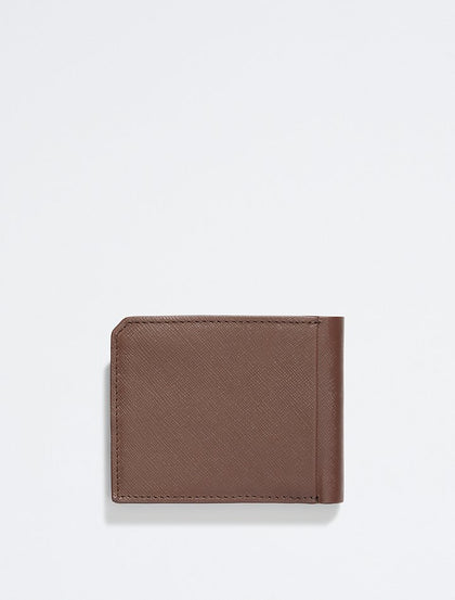Calvin Klein- Saffiano Leather Coin Pouch Bifold Wallet - Brown Powder