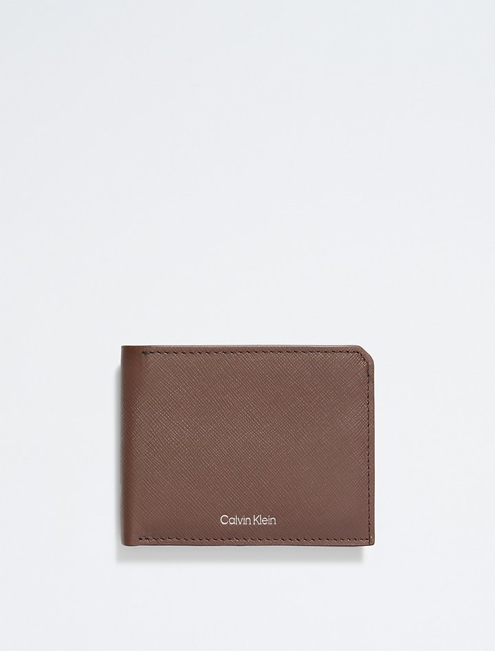 Calvin Klein- Saffiano Leather Coin Pouch Bifold Wallet - Brown Powder