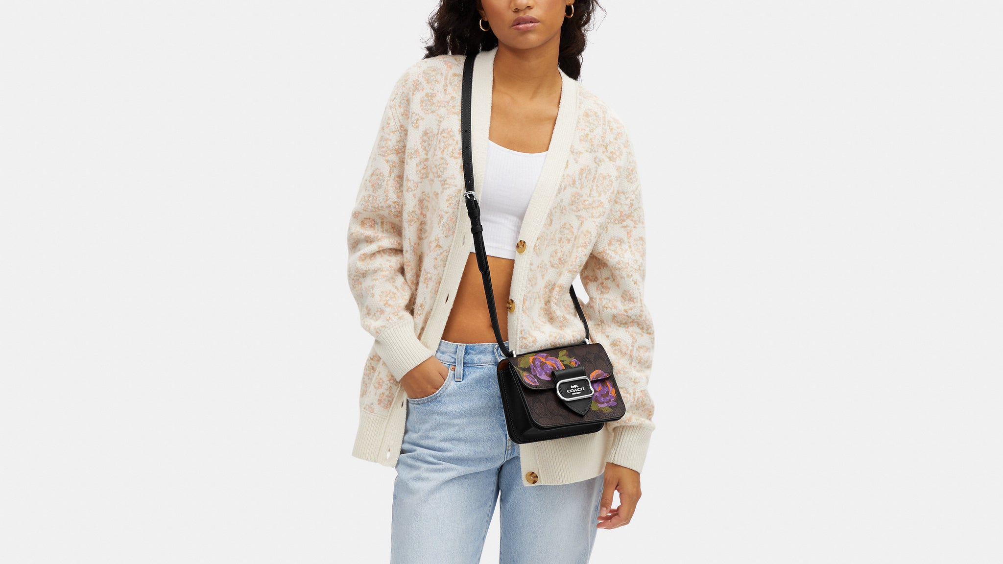 Coach- Morgan Square Crossbody In Signature Canvas With Rose Print - Silver/Brown/Iris Multi