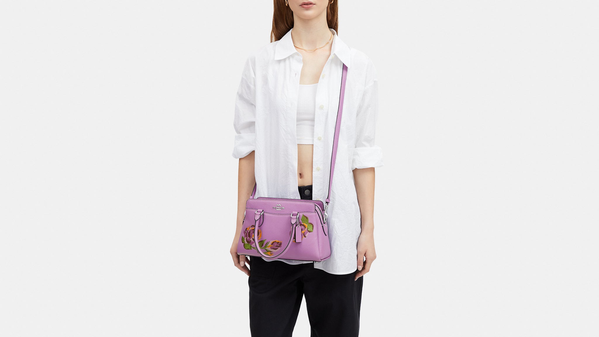 Coach- Mini Darcie Carryall With Rose Print - Silver/Iris Multi