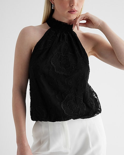 Express- Embroidered Lace Halter Neck Top - Pitch Black 58