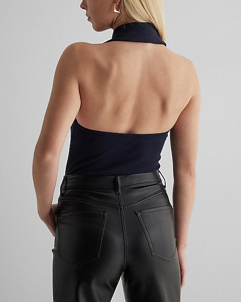 Express- Ribbed Halter Polo Thong Bodysuit - Navy Blue 813