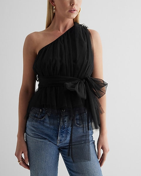 Express- Tulle One Shoulder Peplum Top - Pitch Black 58