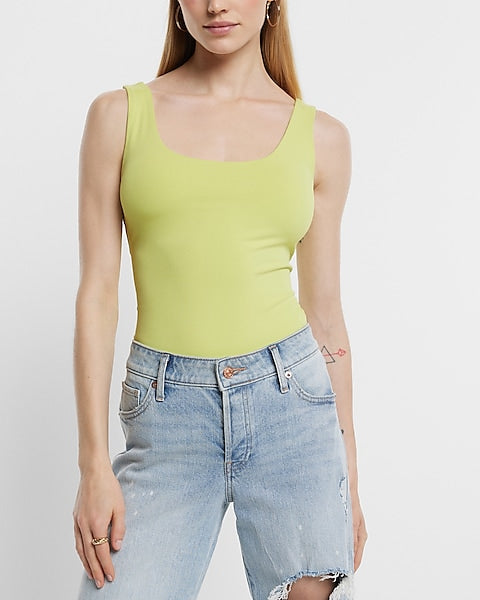 Express- Body Contour High Compression Matte Scoop Neck Thong Bodysuit - Lemon Yellow 119