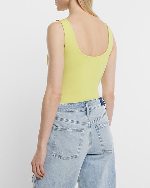 Express- Body Contour High Compression Matte Scoop Neck Thong Bodysuit - Lemon Yellow 119
