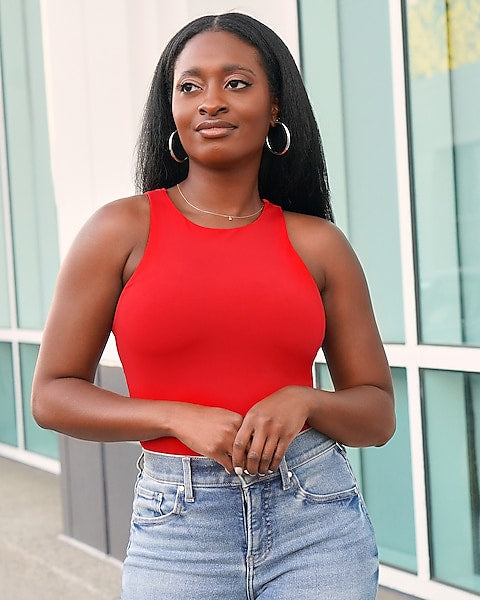 Express- Body Contour Compression Silky High Neck Thong Bodysuit - Lipstick Red 2073