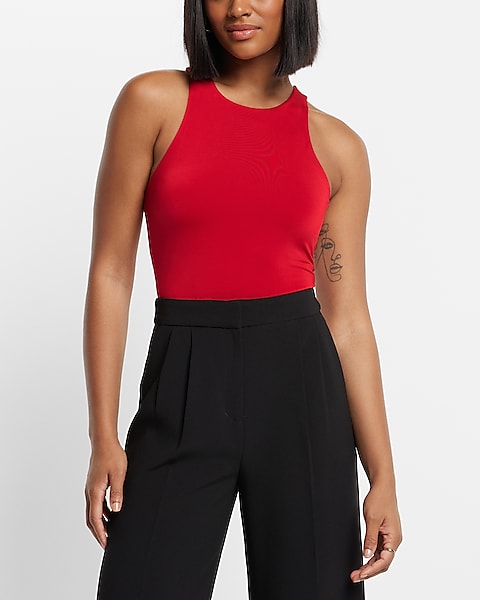 Express- Body Contour Compression Silky High Neck Thong Bodysuit - Lipstick Red 2073