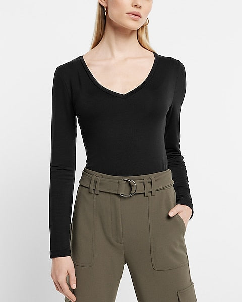 Express- Supersoft Fitted V-Neck Long Sleeve Tee - Pitch Black 58