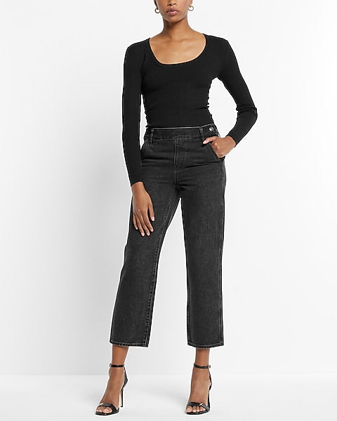 Express- High Waisted Washed Black Side Button Straight Ankle Jeans - Pitch Black 58