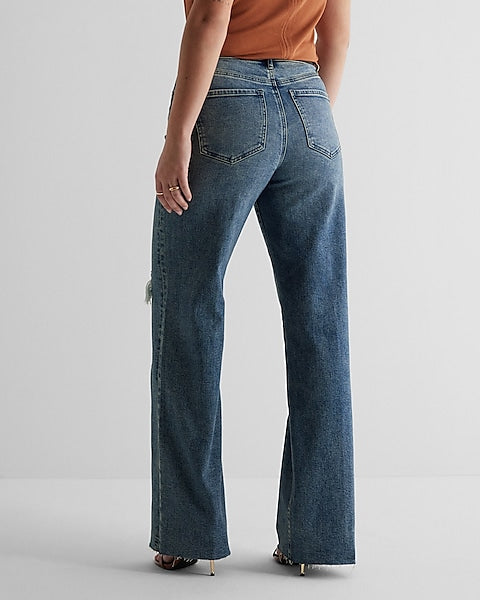 Express High Waisted Medium Wash Ripped Wide Leg Jeans Medium Wash Amreki