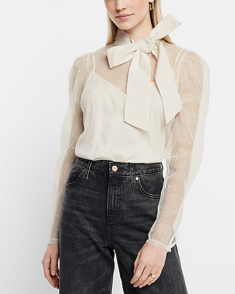 Express- Tulle Polka Dot Tie Mock Neck Puff Sleeve Top - Swan 121