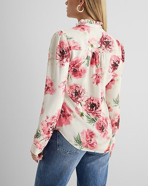 Express- Floral Print Ruffle Neck Relaxed Portofino Shirt - Pink Print 17