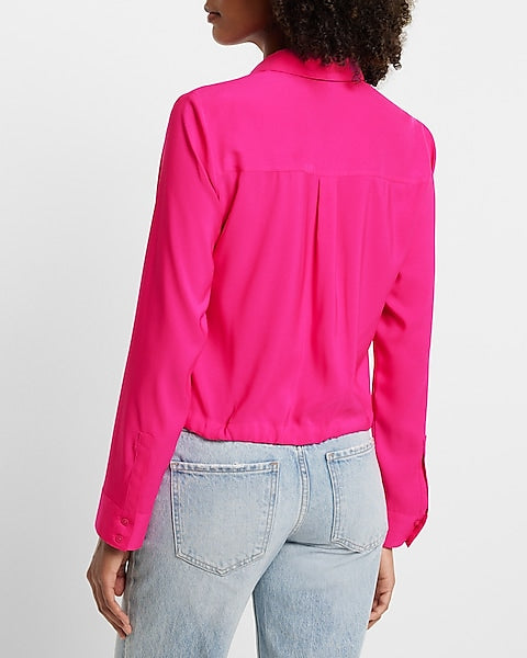 Express- Cinched Tie Bottom Relaxed Portofino Shirt - Neon Berry 259