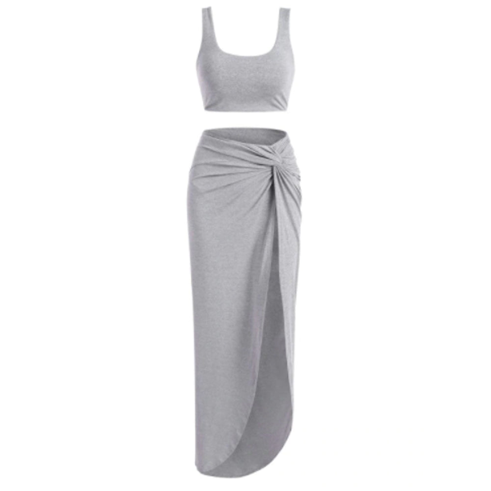 Zaful- Marled Tank Top And Twist High Slit Skirt Set - Gray