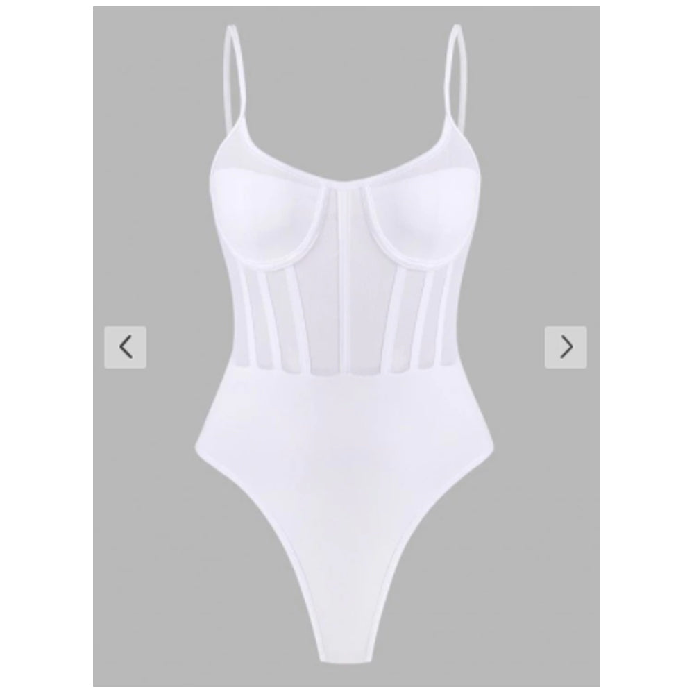 Zaful- Mesh Panel Corset Detail Snap Crotch Bustier Bodysuit - White