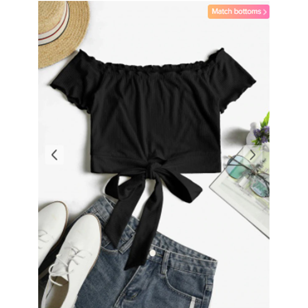 Zaful- Off Shoulder Ribbed Knotted Frilled Crop Tee - Black