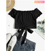 Zaful- Off Shoulder Ribbed Knotted Frilled Crop Tee - Black