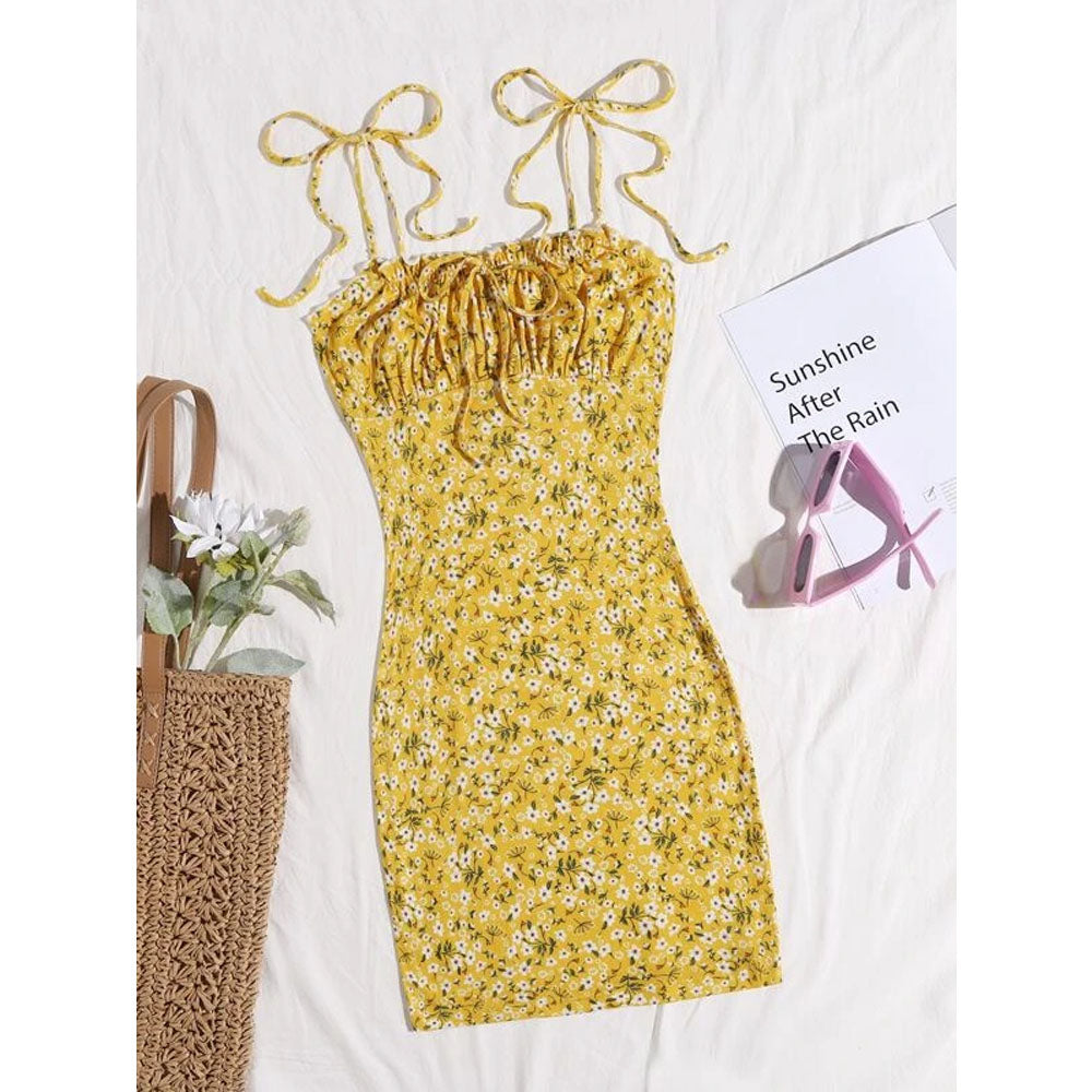 Romwe- Frilled Strap Tie Front Ditsy Floral Dress – Amreki
