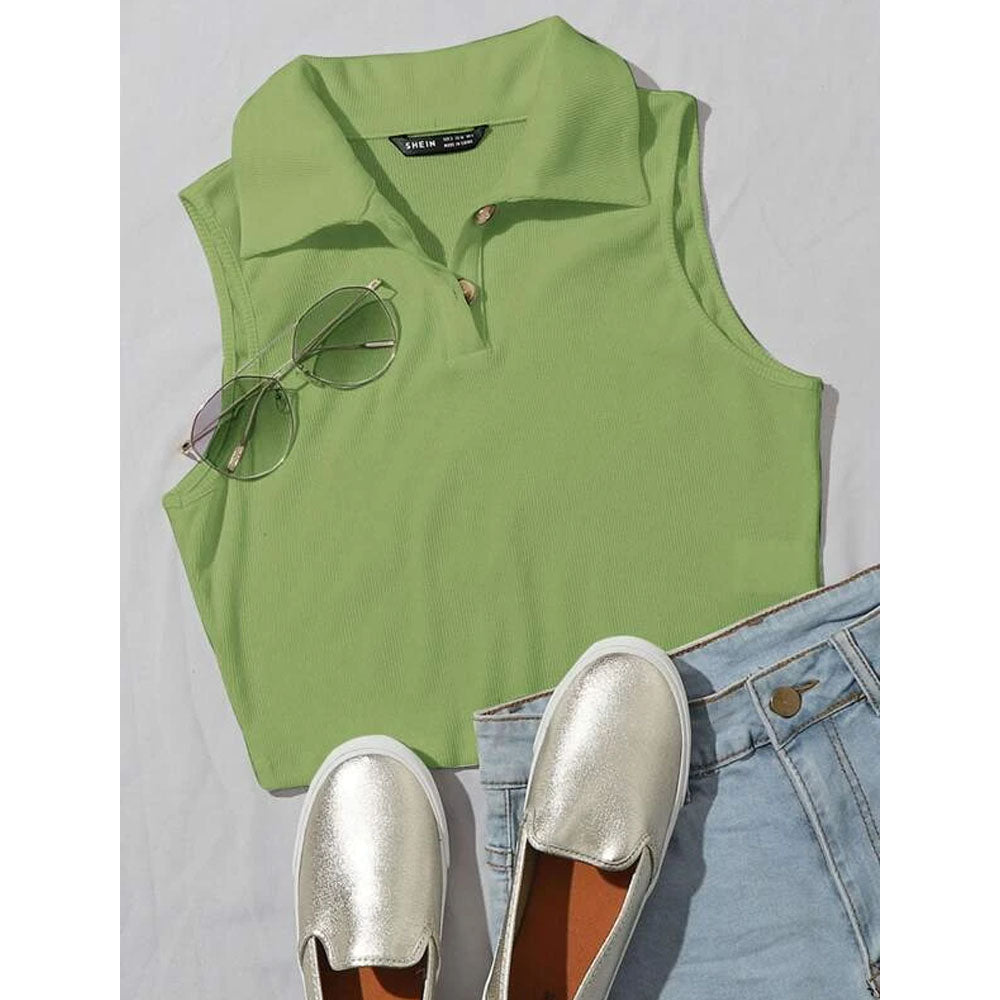 Romwe- Ribbed Half-Button Cropped Tank Top