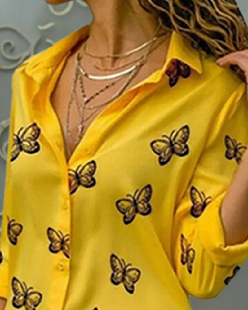 Chicme- Butterfly Print Button Design Blouse