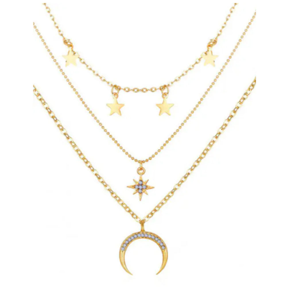 Zaful- Moon Stars Pattern Multi-layer Pendant Necklace - Gold