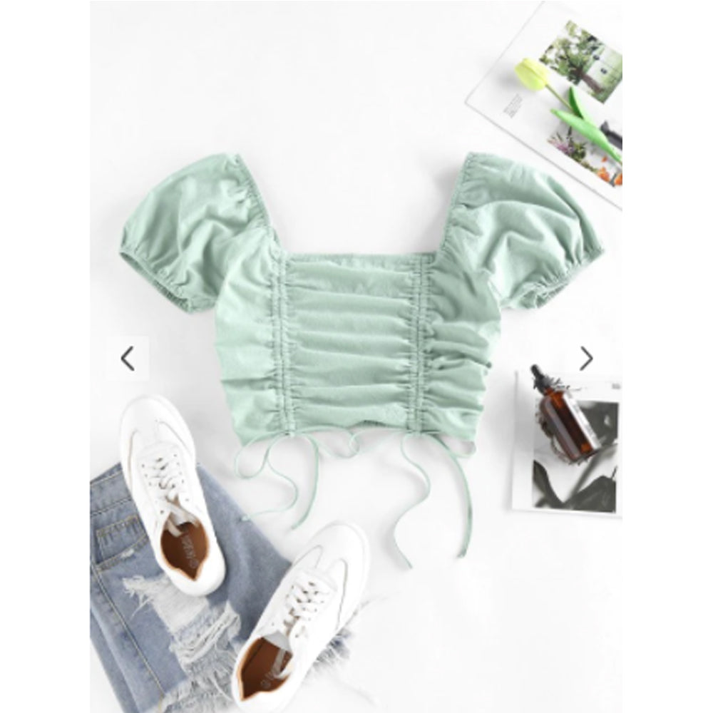 Zaful- Cinched Smocked Puff Sleeve Crop T Shirt - Light Green