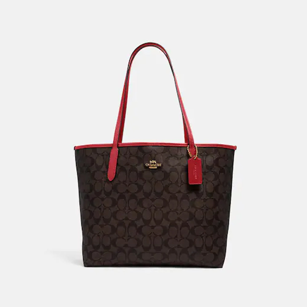 Coach- City Tote In Signature Canvas (Gold/Brown 1941 Red)