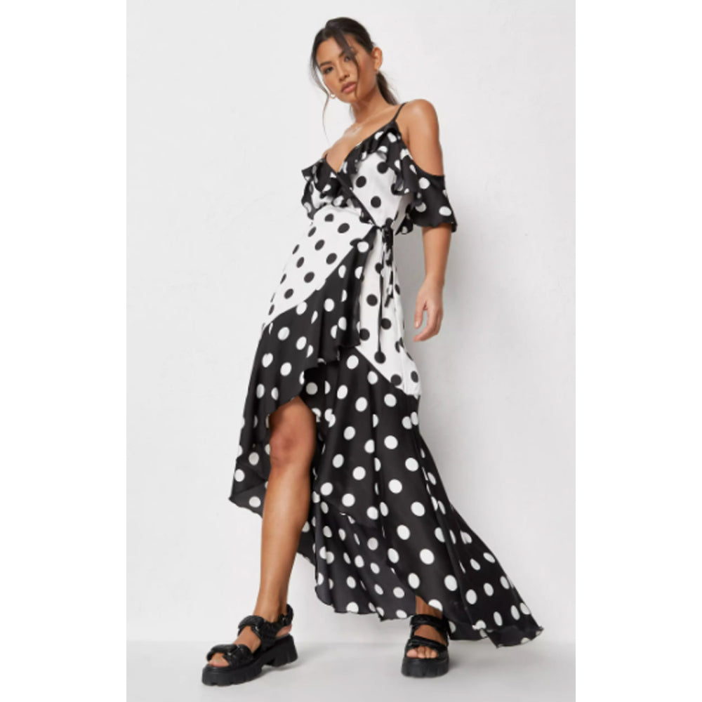 Missguided- Black Polka Dot Ruffle Wrap Maxi Dress – Amreki