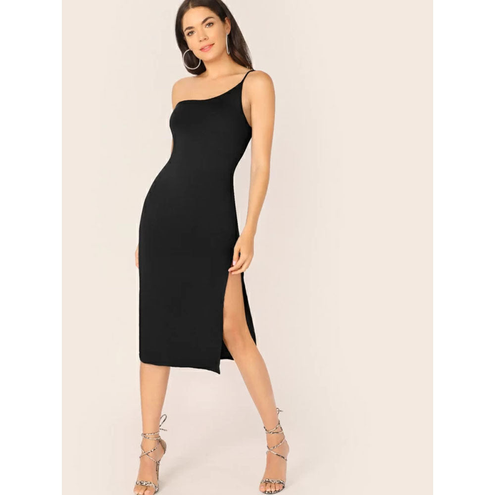 Romwe- One Shoulder Split Thigh Form Fitted Dress – Amreki