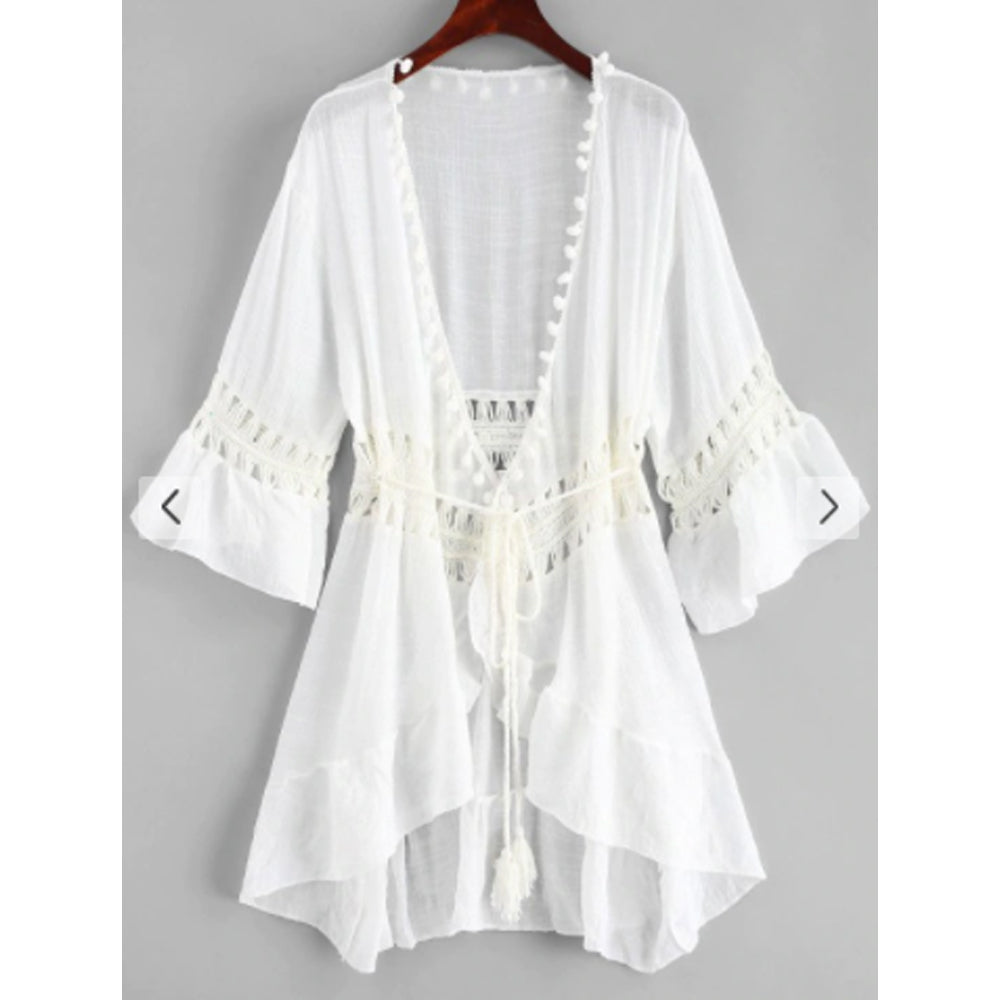 Zaful- Pom-pom Crochet Panel Beach Dress - White