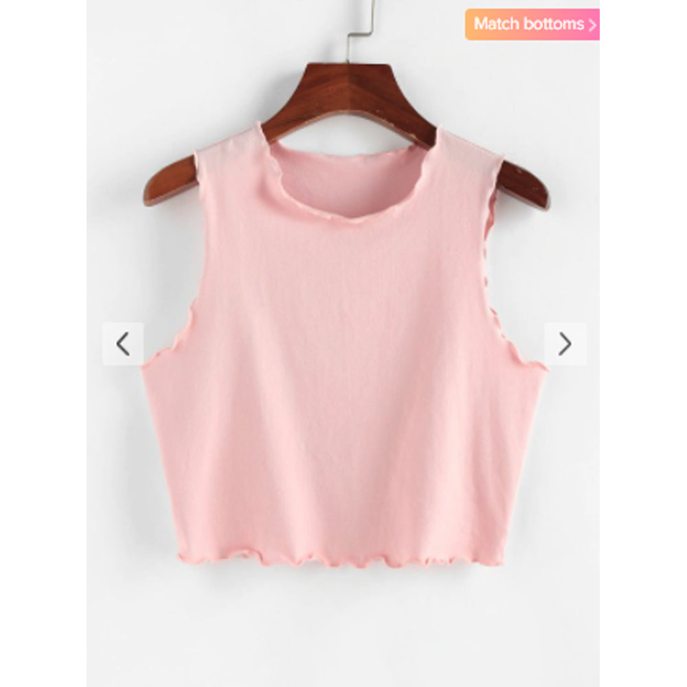Zaful- Jersey Lettuce Trim Crop Tank Top - Light Pink