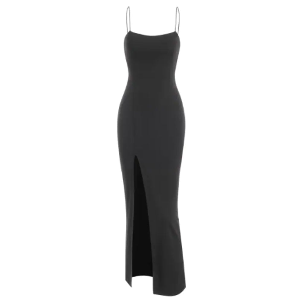 Zaful- Spaghetti Strap Thigh Split Slinky Maxi Dress - Black