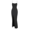 Zaful- Spaghetti Strap Thigh Split Slinky Maxi Dress - Black