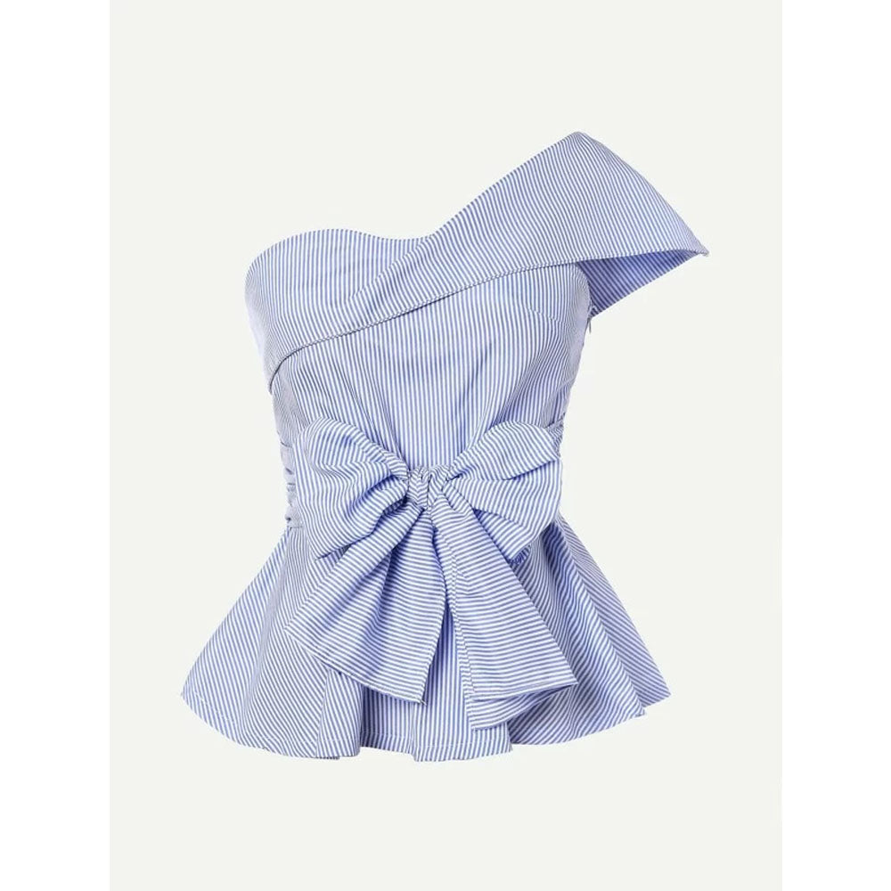 Romwe- Pinstriped One-Shoulder Bow Peplum Top