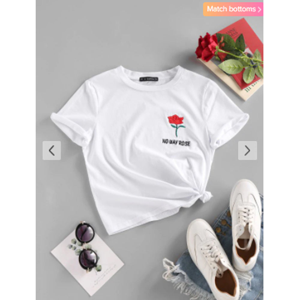 Zaful- No Way Rose Embroidered Short Sleeve T Shirt - White