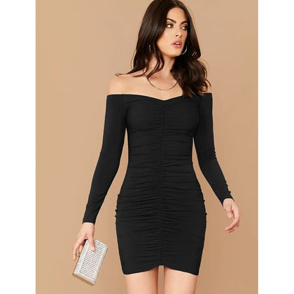 Romwe- Off Shoulder Ruched Bodycon Dress