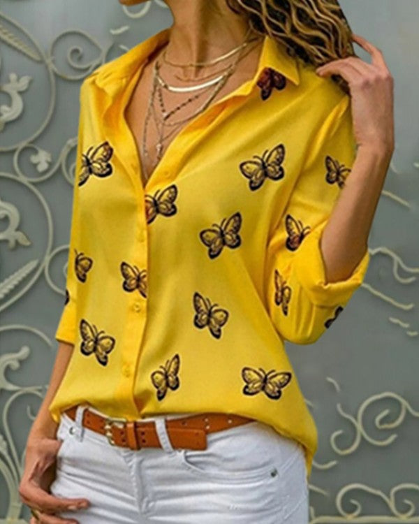 Chicme- Butterfly Print Button Design Blouse