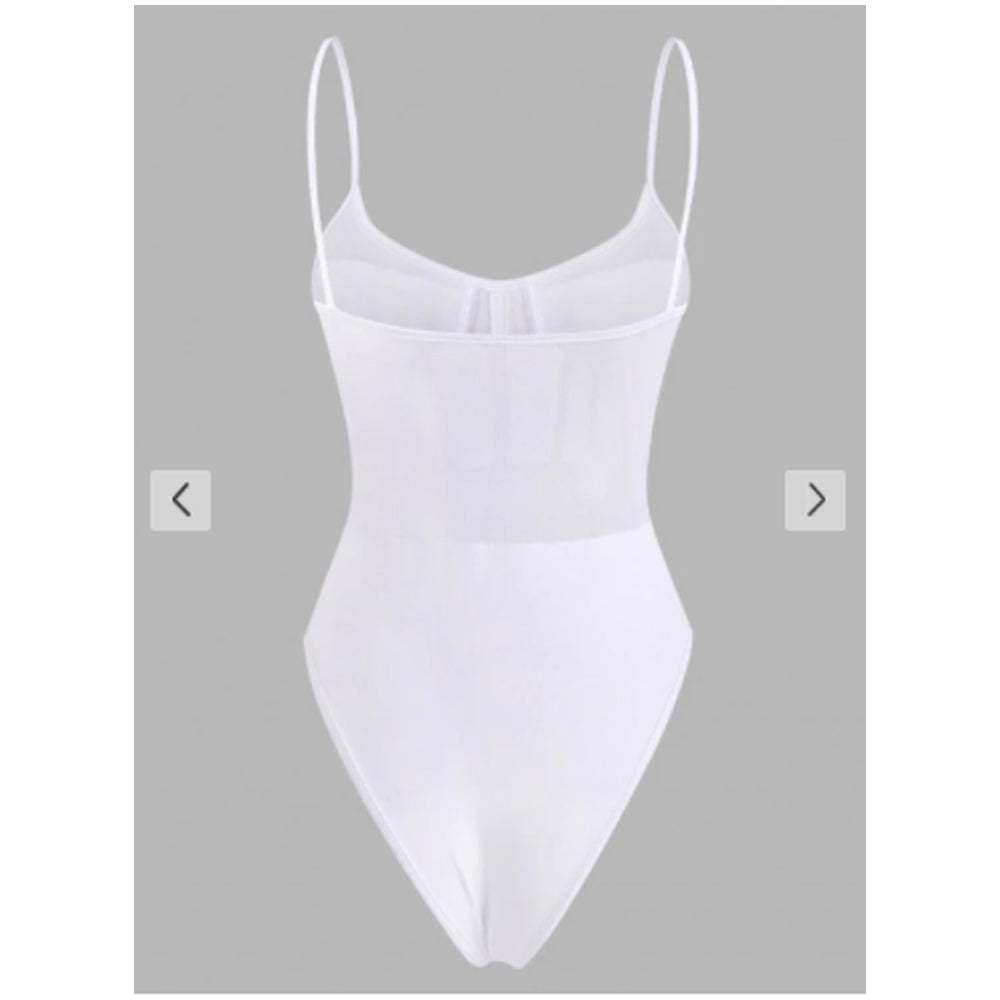 Zaful- Mesh Panel Corset Detail Snap Crotch Bustier Bodysuit - White