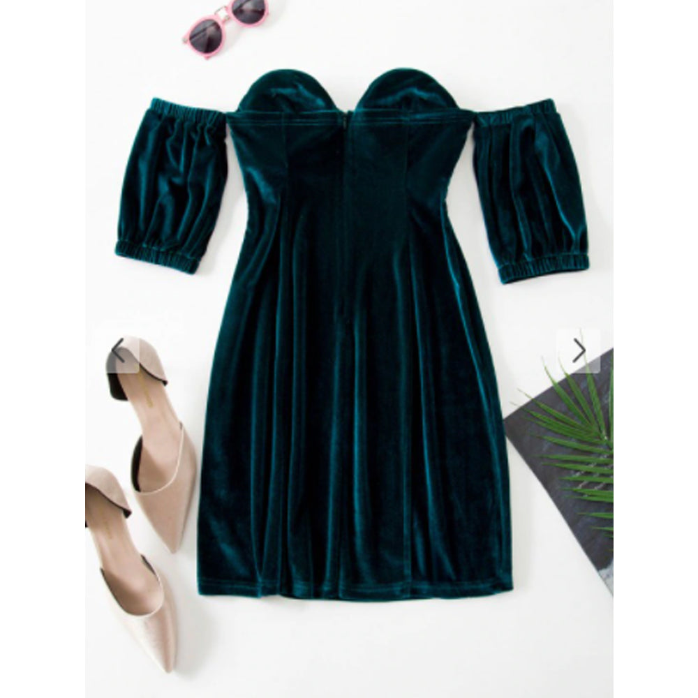 Zaful- Sweetheart Off Shoulder Velvet Slinky Bodycon Dress - Deep Green