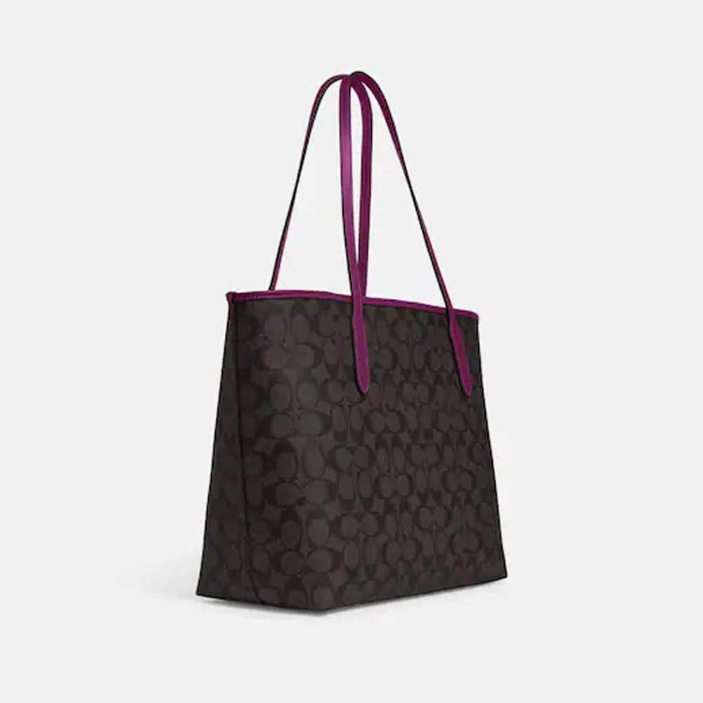 Coach 5696 City Tote In Signature Canvas IN Brown Dark Magenta 