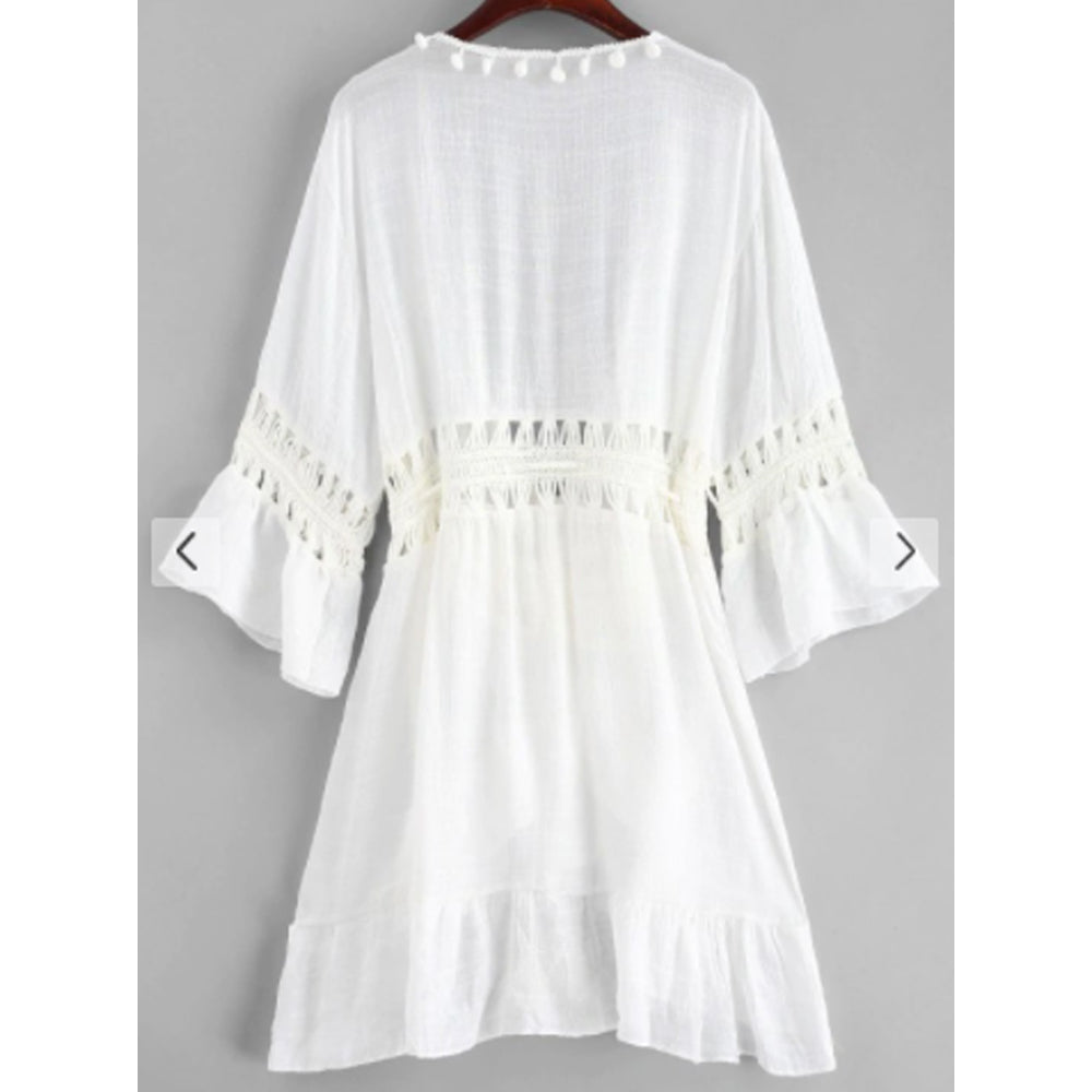 Zaful- Pom-pom Crochet Panel Beach Dress - White