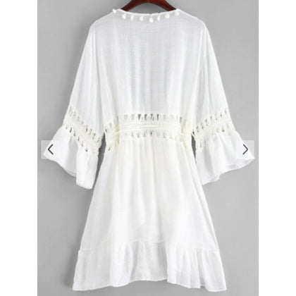 Zaful- Pom-pom Crochet Panel Beach Dress - White