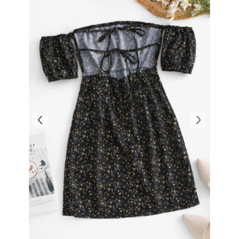 Zaful- Ties Open Back Off Shoulder Ditsy Floral Dress - Black
