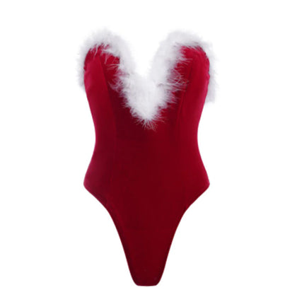 Zaful-  Faux Feather Lace Up Velvet V Wired Bandeau Bodysuit - Red