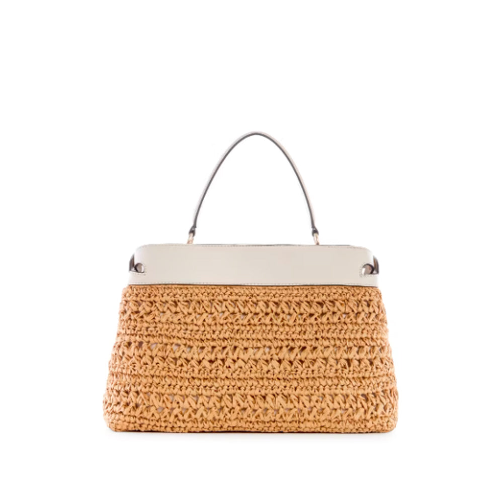 Guess- Liguria Crochet Straw Satchel (White)