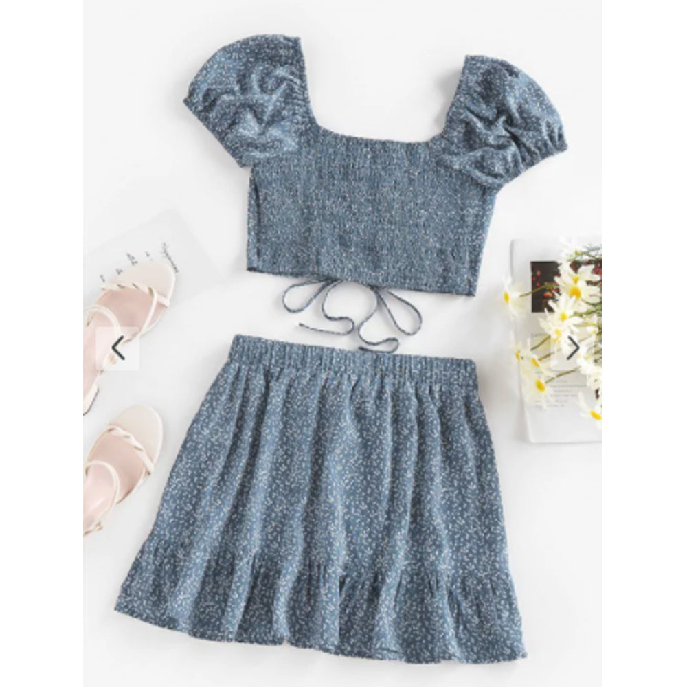 Zaful- Ditsy Print Cinched Flounce Tie Two Piece Skirt Set - Light Blue