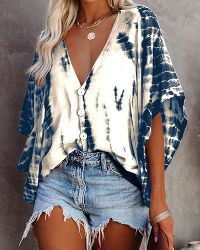 Chicme- Bat Sleeve Tie-dye Print Blouse