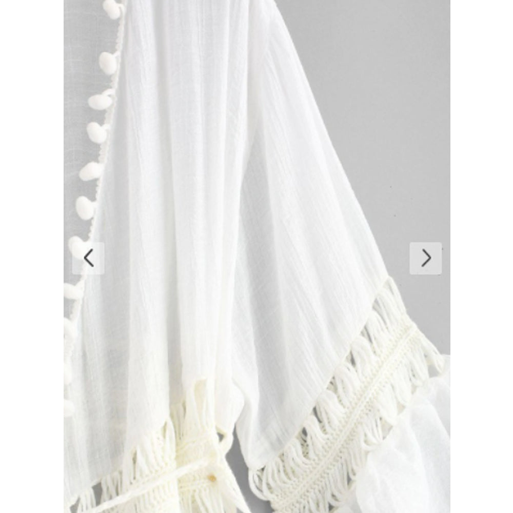 Zaful- Pom-pom Crochet Panel Beach Dress - White